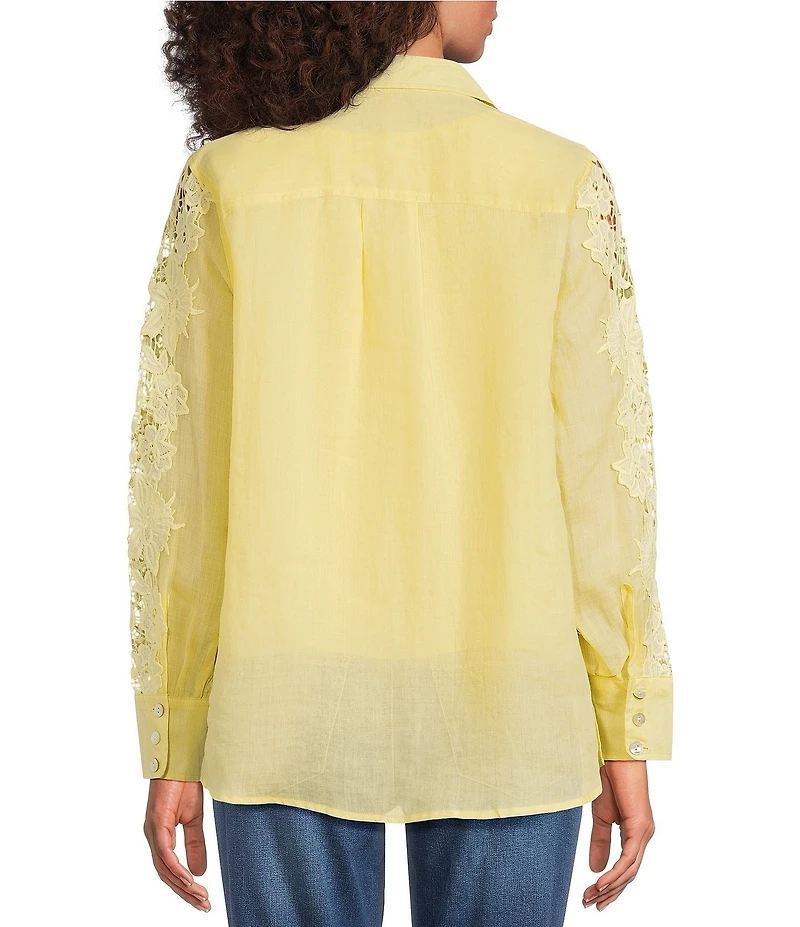 Ali Miles Woven Floral Lace Point Collar Long Sleeve Woven Layer Tank Button Front Tunic