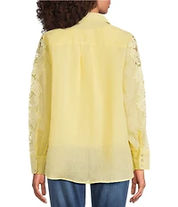 Ali Miles Woven Floral Lace Point Collar Long Sleeve Woven Layer Tank Button Front Tunic