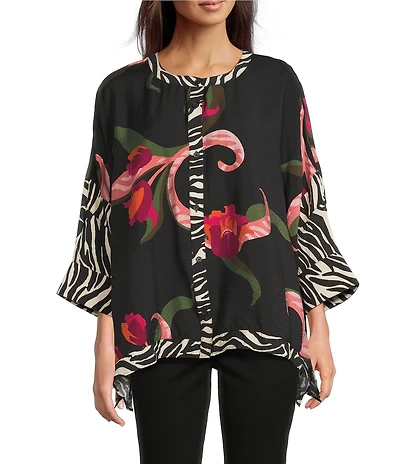 Ali Miles Woven Floral Multi Print Round Neck Elbow Dolman Sleeve Button-Front Tunic