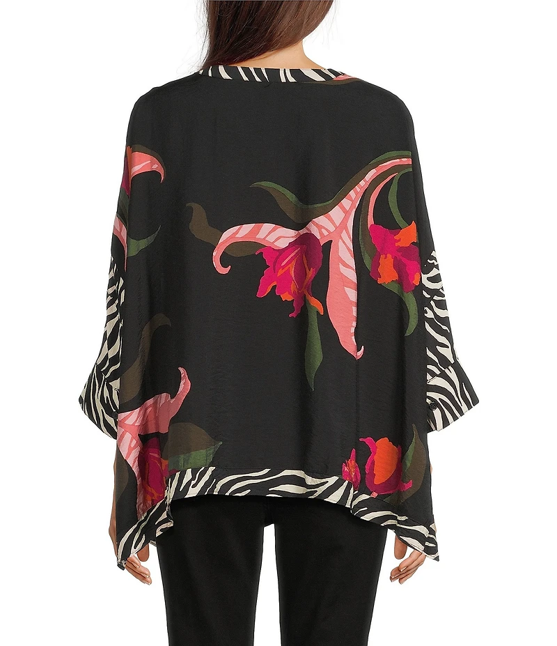 Ali Miles Woven Floral Multi Print Round Neck Elbow Dolman Sleeve Button-Front Tunic