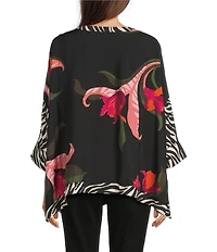 Ali Miles Woven Floral Multi Print Round Neck Elbow Dolman Sleeve Button-Front Tunic