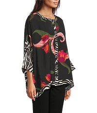 Ali Miles Woven Floral Multi Print Round Neck Elbow Dolman Sleeve Button-Front Tunic