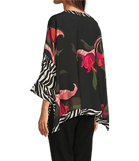 Ali Miles Woven Floral Multi Print Round Neck Elbow Dolman Sleeve Button-Front Tunic