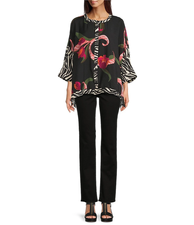 Ali Miles Woven Floral Multi Print Round Neck Elbow Dolman Sleeve Button-Front Tunic