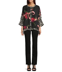 Ali Miles Woven Floral Multi Print Round Neck Elbow Dolman Sleeve Button-Front Tunic