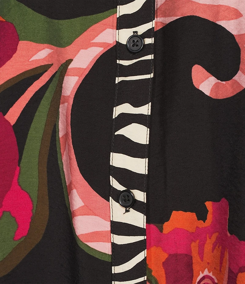 Ali Miles Woven Floral Multi Print Round Neck Elbow Dolman Sleeve Button-Front Tunic