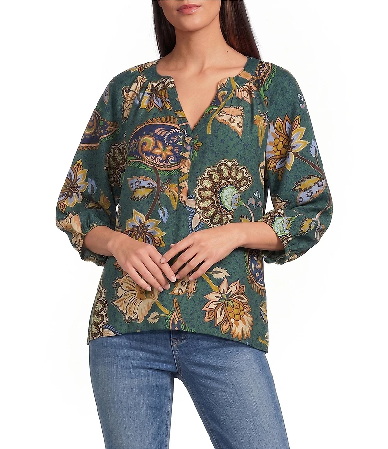 Ali Miles Woven Floral Multi Printed V-Neck 3/4 Sleeve Pull Over Top