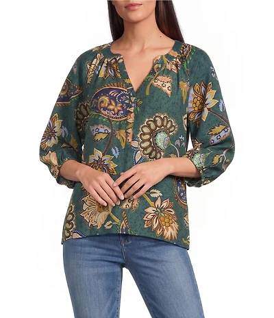 Ali Miles Woven Floral Multi Printed V-Neck 3/4 Sleeve Pull Over Top