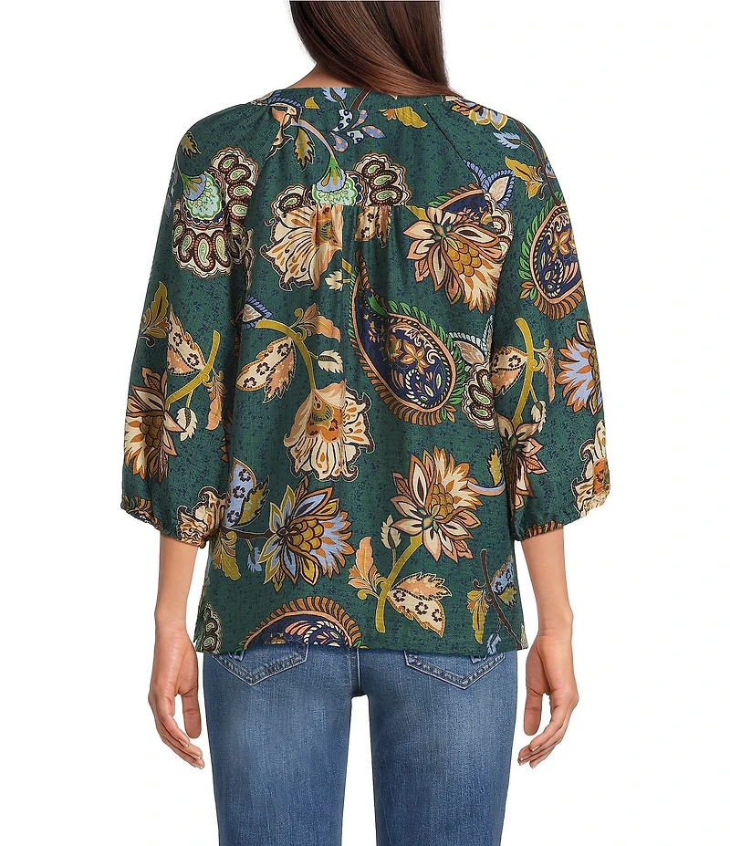 Ali Miles Woven Floral Multi Printed V-Neck 3/4 Sleeve Pull Over Top