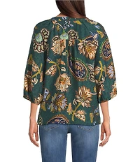 Ali Miles Woven Floral Multi Printed V-Neck 3/4 Sleeve Pull Over Top