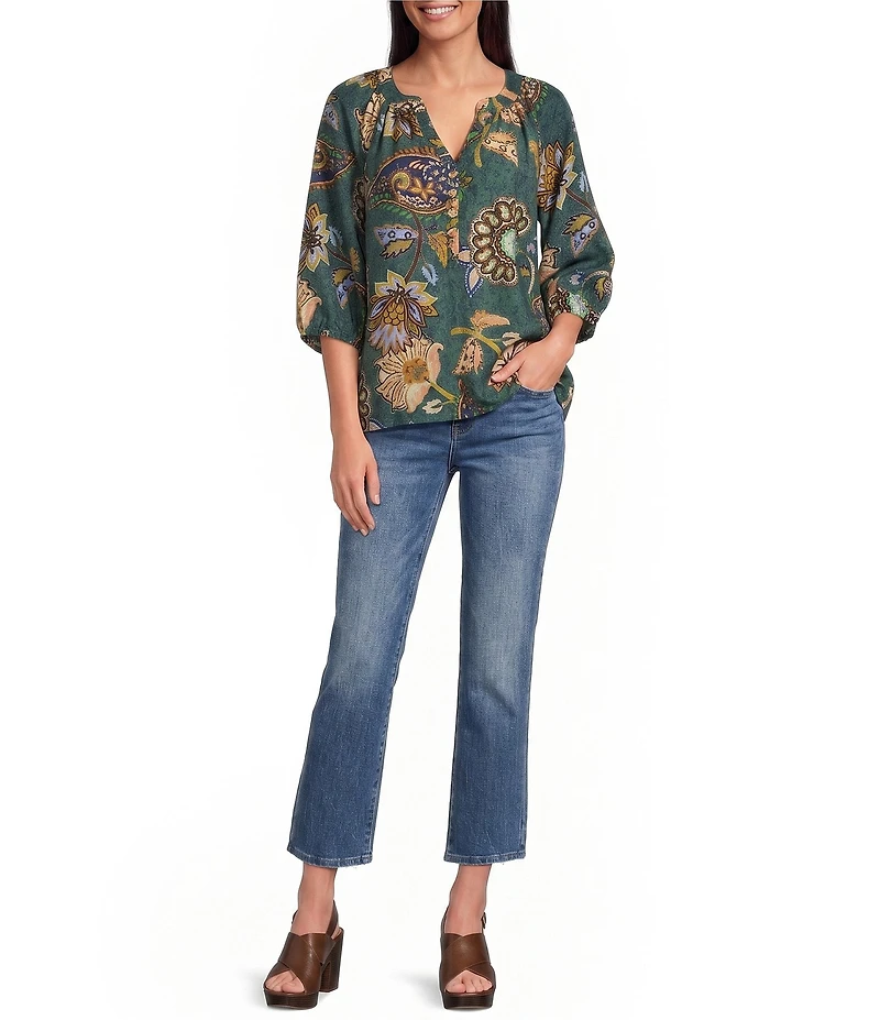 Ali Miles Woven Floral Multi Printed V-Neck 3/4 Sleeve Pull Over Top