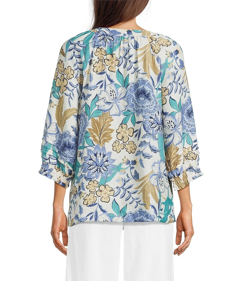 Ali Miles Woven Floral Multi Split V-Neck 3/4 Tacked Sleeve High Low Top