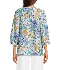 Ali Miles Woven Floral Multi Split V-Neck 3/4 Tacked Sleeve High Low Top