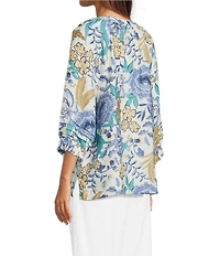 Ali Miles Woven Floral Multi Split V-Neck 3/4 Tacked Sleeve High Low Top