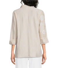Ali Miles Woven Floral Stripe Multi Print Wire Collar 3/4 Cuffed Sleeve Tunic