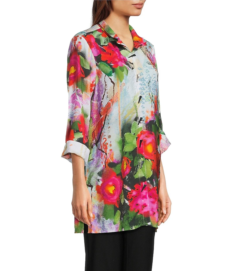 Ali Miles Woven Floral Wire Neck 3/4 Cuff Sleeve Button-Front Tunic