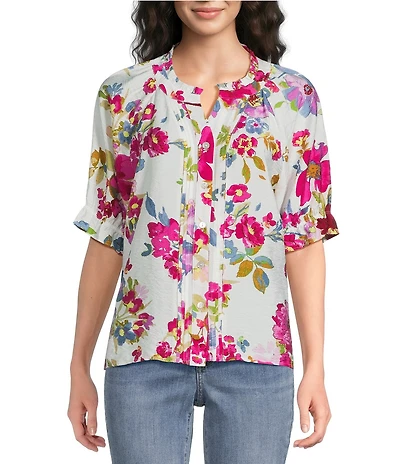 Ali Miles Woven Floral Y-Neck Elbow Length Raglan Ruffle Sleeve Button Front Tunic