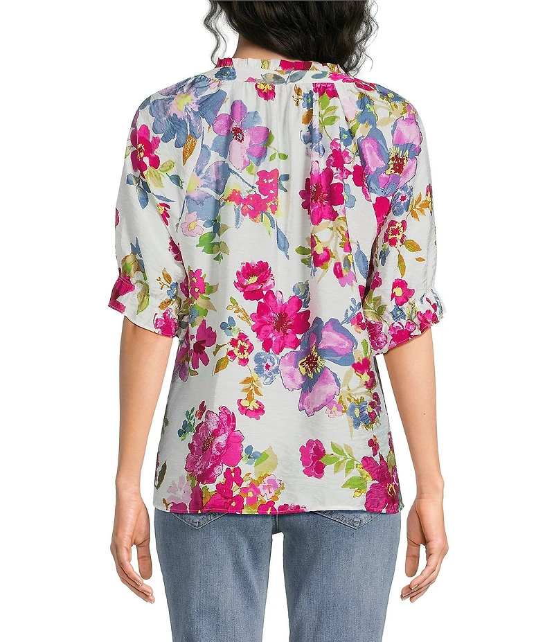 Ali Miles Woven Floral Y-Neck Elbow Length Raglan Ruffle Sleeve Button Front Tunic
