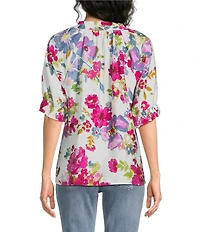 Ali Miles Woven Floral Y-Neck Elbow Length Raglan Ruffle Sleeve Button Front Tunic