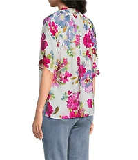 Ali Miles Woven Floral Y-Neck Elbow Length Raglan Ruffle Sleeve Button Front Tunic
