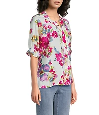 Ali Miles Woven Floral Y-Neck Elbow Length Raglan Ruffle Sleeve Button Front Tunic