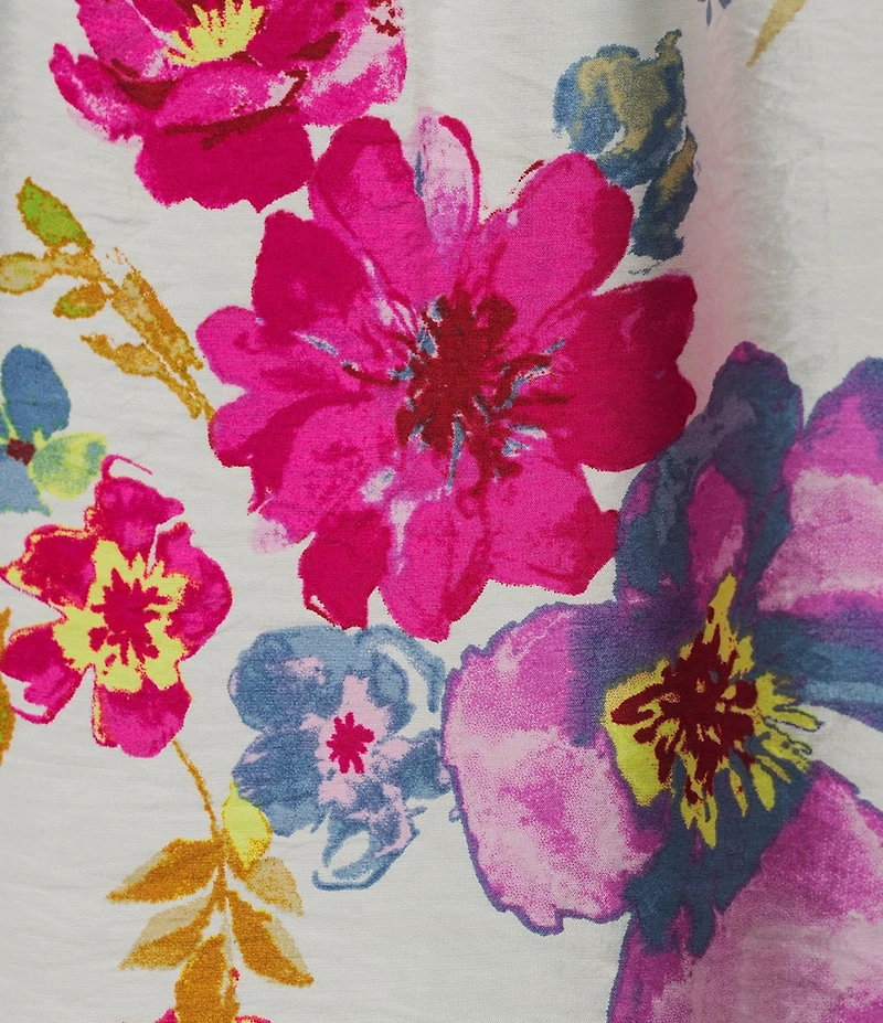 Ali Miles Woven Floral Y-Neck Elbow Length Raglan Ruffle Sleeve Button Front Tunic