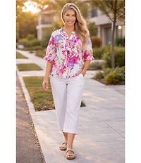 Ali Miles Woven Floral Y-Neck Elbow Length Raglan Ruffle Sleeve Button Front Tunic