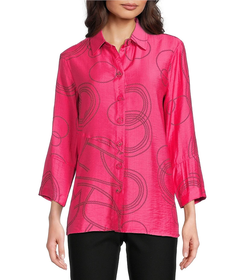Ali Miles Woven Geometric Print Point Collar 3/4 Sleeve Button-Front Tunic