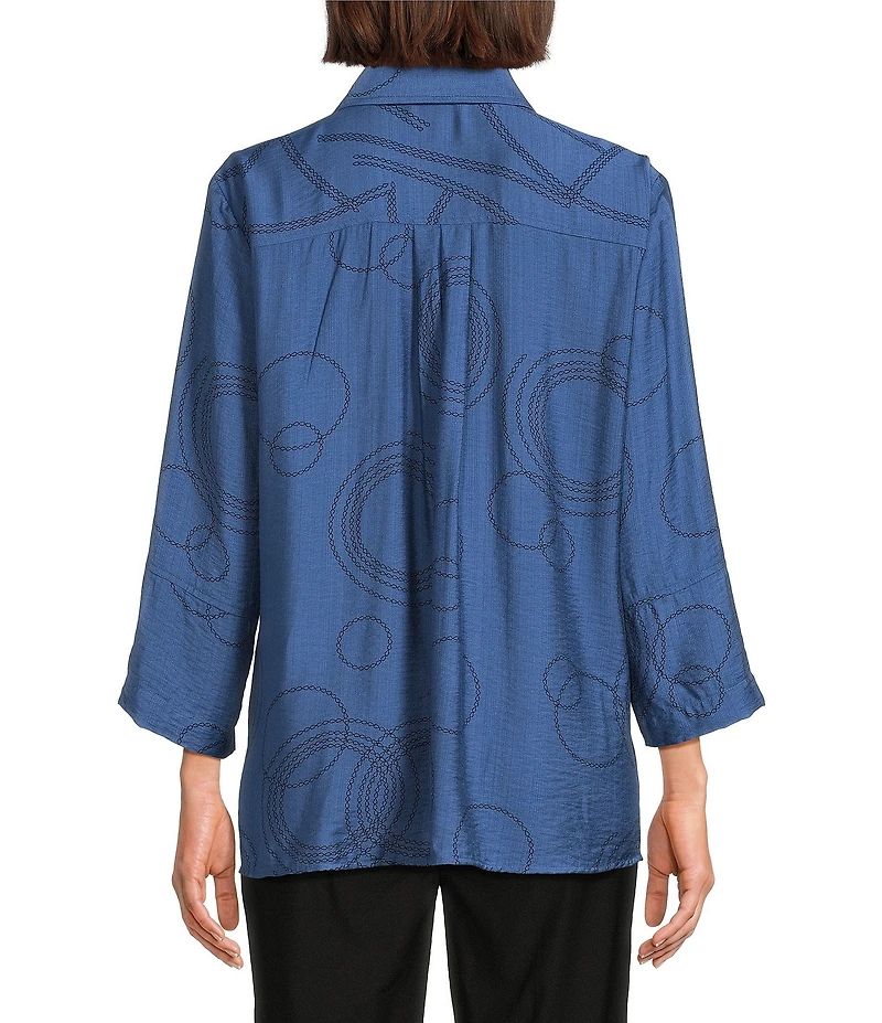 Ali Miles Woven Geometric Print Point Collar 3/4 Sleeve Button-Front Tunic