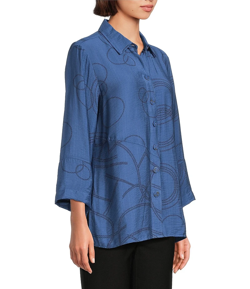 Ali Miles Woven Geometric Print Point Collar 3/4 Sleeve Button-Front Tunic