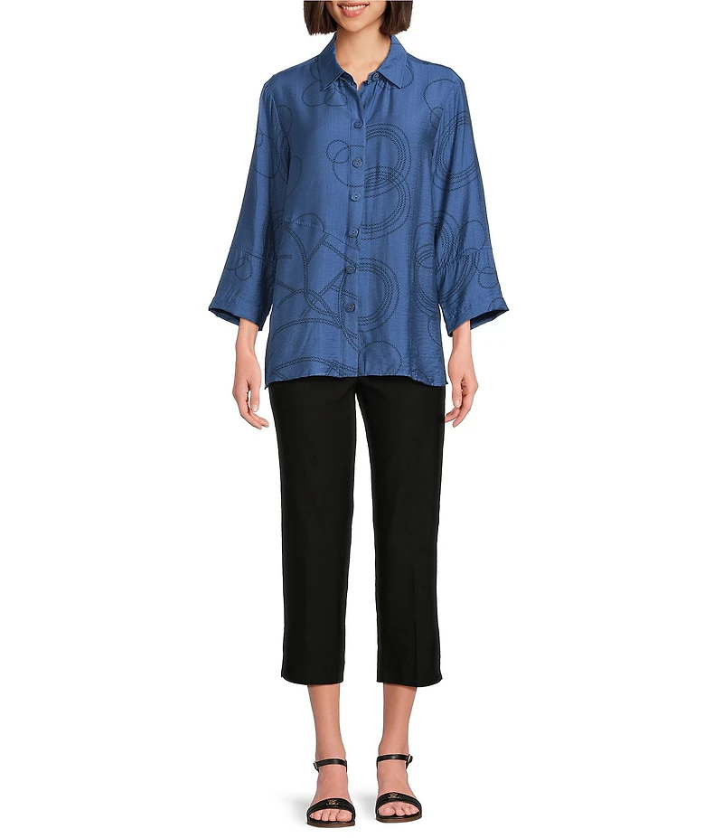 Ali Miles Woven Geometric Print Point Collar 3/4 Sleeve Button-Front Tunic