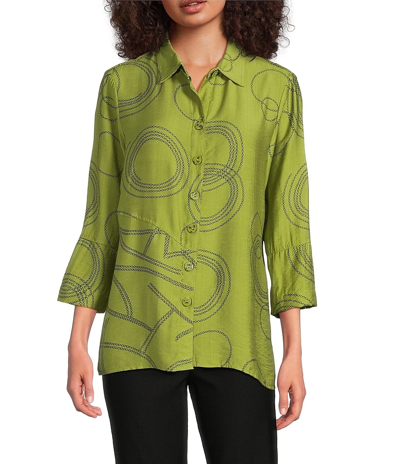 Ali Miles Woven Geometric Print Point Collar 3/4 Sleeve Button-Front Tunic