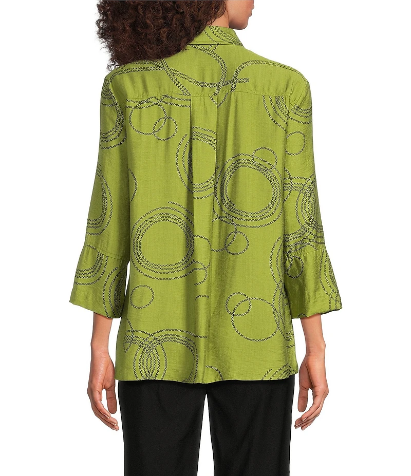 Ali Miles Woven Geometric Print Point Collar 3/4 Sleeve Button-Front Tunic
