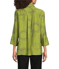 Ali Miles Woven Geometric Print Point Collar 3/4 Sleeve Button-Front Tunic
