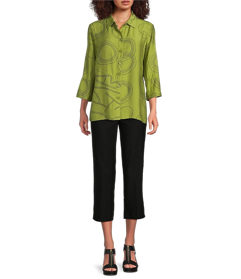 Ali Miles Woven Geometric Print Point Collar 3/4 Sleeve Button-Front Tunic