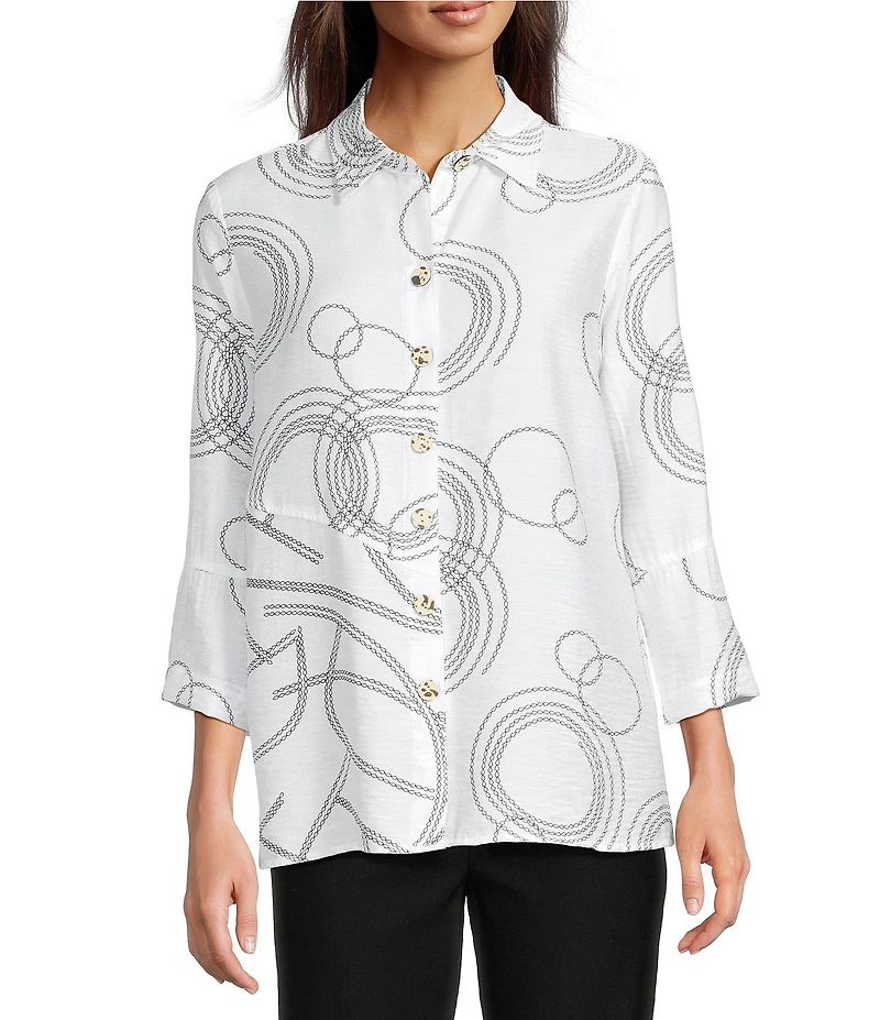 Ali Miles Woven Geometric Print Point Collar 3/4 Sleeve Button-Front Tunic