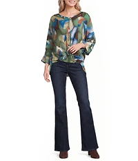Ali Miles Woven Geometric Printed V-Neck 3/4 Sleeve Button Front Top