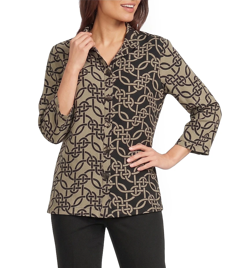 Ali Miles Woven Geometric Ruffle Mock Neck 3/4 Sleeve Button-Front Tunic