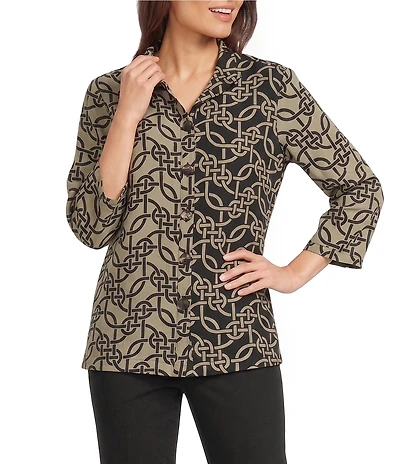 Ali Miles Woven Geometric Ruffle Mock Neck 3/4 Sleeve Button-Front Tunic