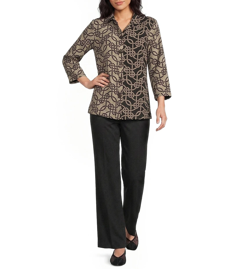 Ali Miles Woven Geometric Ruffle Mock Neck 3/4 Sleeve Button-Front Tunic