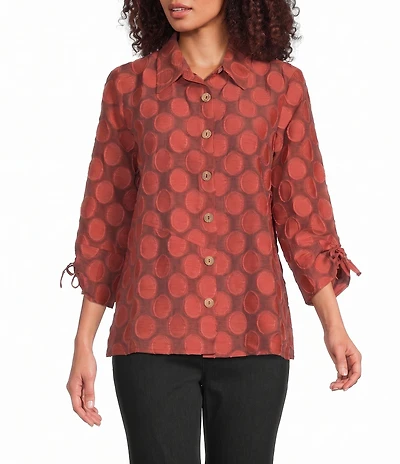 Ali Miles Woven Jacquard Allover Dot Point Collar 3/4 Cinched Sleeve Button Front Shirt