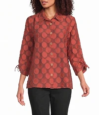 Ali Miles Woven Jacquard Allover Dot Point Collar 3/4 Cinched Sleeve Button Front Shirt