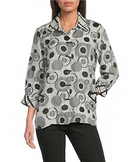 Ali Miles Woven Jacquard Geo Point Collar 3/4 Cuffed Sleeve Button- Front Shirt