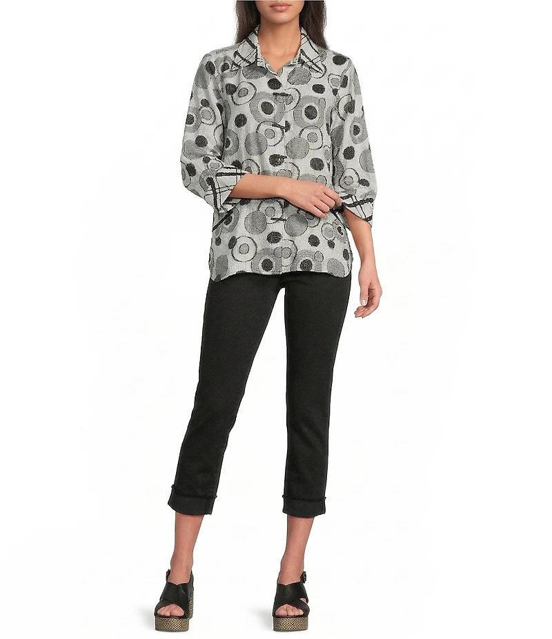 Ali Miles Woven Jacquard Geo Point Collar 3/4 Cuffed Sleeve Button- Front Shirt