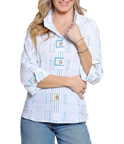 Ali Miles Woven Jacquard Yarn Dye Pattern Wire Collar 3/4 Sleeve Button Front Shirt