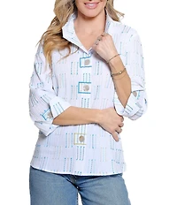 Ali Miles Woven Jacquard Yarn Dye Pattern Wire Collar 3/4 Sleeve Button Front Shirt