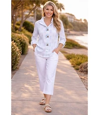 Ali Miles Woven Jacquard Yarn Dye Pattern Wire Collar 3/4 Sleeve Button Front Shirt