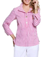 Ali Miles Woven Jacquard Yarn-Dyed Stripe Point Collar 3/4 Cuffed Sleeve Top