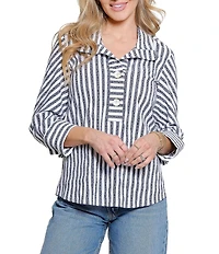 Ali Miles Woven Jacquard Yarn-Dyed Stripe Point Collar 3/4 Cuffed Sleeve Top