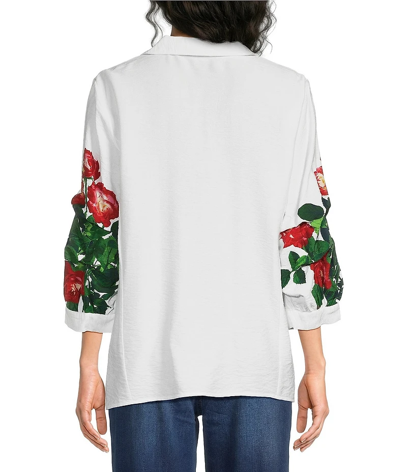 Ali Miles Woven Large Floral Point Collar 3/4 Cinched Sleeve Popover Top